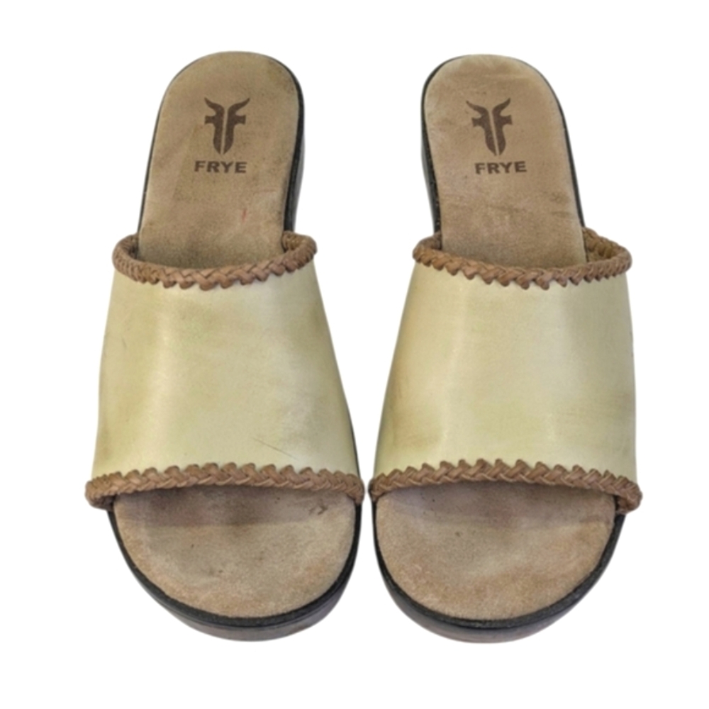Frye Clog Sandals Women 9.5 Wooden and Leather Tan Brown Embroidered Detailing - Picture 5 of 12